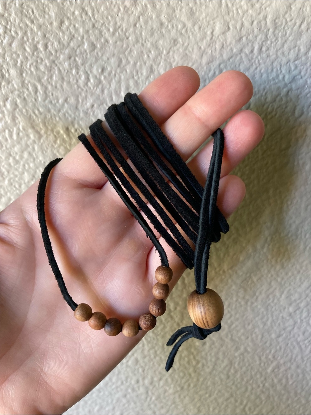 Layered Black Suede Cord Lariat Necklace with Natural Wood Beads - Picture 2 of 6
